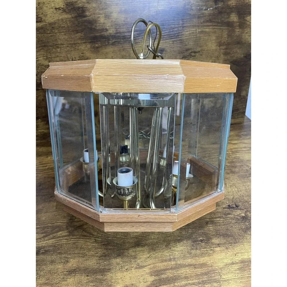 Wood & Smoked Glass Panel Hanging Pendant Swag 5 Lights VTG Mid Century Modern